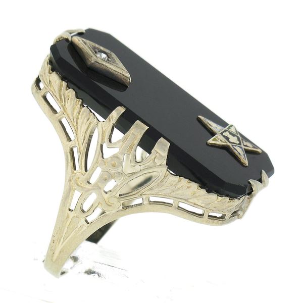 Antique Art Deco 14K Gold Black Onyx & Diamond Masonic Star Long Dinner Ring