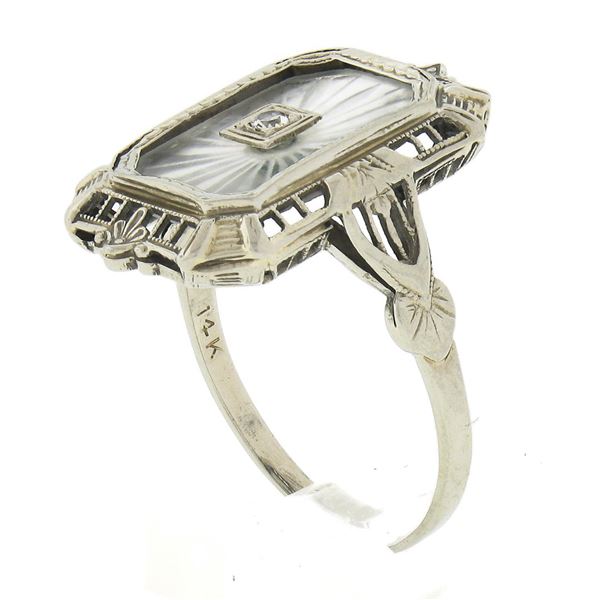 Antique Art Deco 14K White Gold Camphor Glass Diamond Filigree Engraved Ring