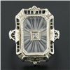 Image 8 : Antique Art Deco 14K White Gold Camphor Glass Diamond Filigree Engraved Ring