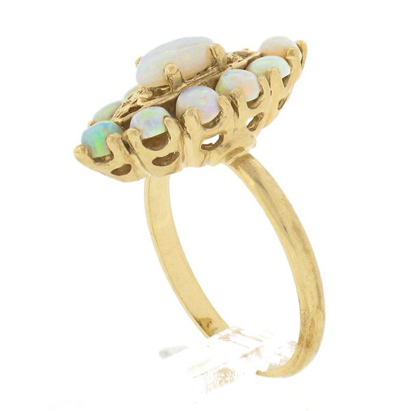 Vintage 14K Gold Oval Cabochon Opal Solitaire & Halo Navette Marquise Shape Ring