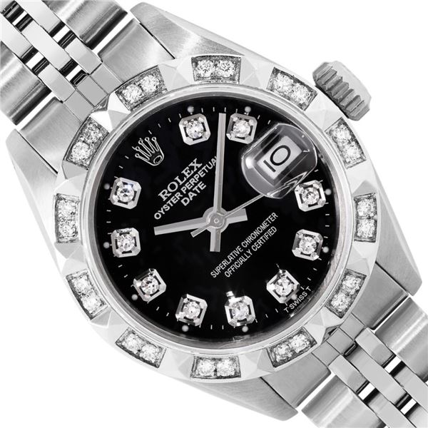 Rolex Ladies Stainless Steel Black Diamond Date Wristwatch 26MM