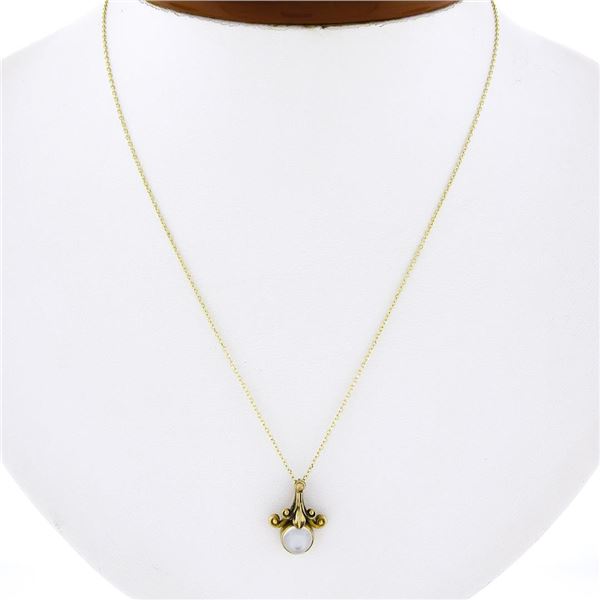 Antique Art Nouveau 14K Gold Cabochon Moonstone Scroll Petite Pendant & Chain