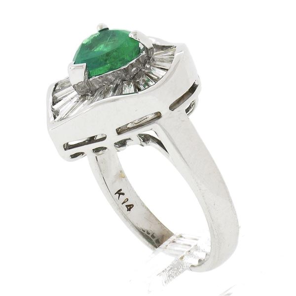 14k White Gold 2.20 ctw GIA Pear Colombian Emerald Baguette Diamond Ballerina Ri