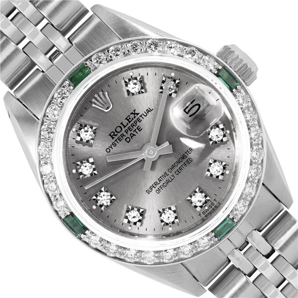 Rolex Ladies Stainless Steel Slate Gray Diamond And Emerald Date Wristwatch 26MM