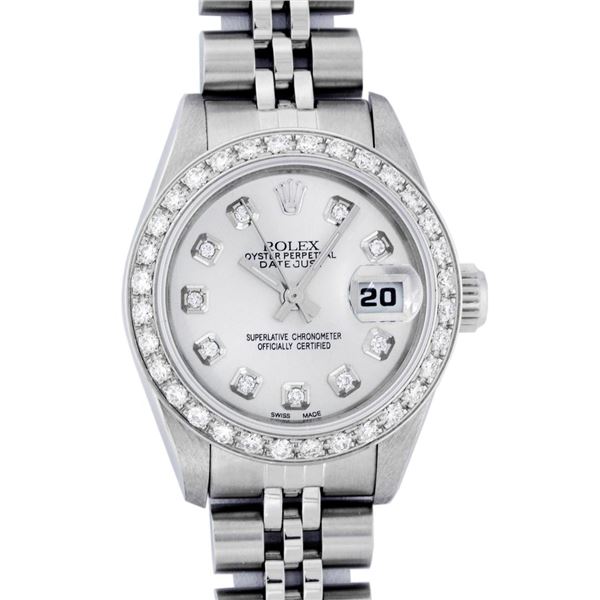 Rolex Ladies Quickset Stainless Steel Silver Diamond Bezel Datejust Wristwatch
