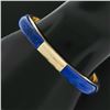 Image 6 : Vintage 14K Yellow Gold Inlaid Set Blue Lapis 6.75" Hinged Open Bangle Bracelet