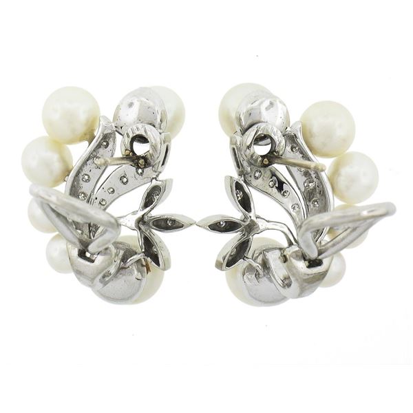 Vintage 14K White Gold Cultured Pearl & 0.25 ctw Diamond Flower Cluster Earrings