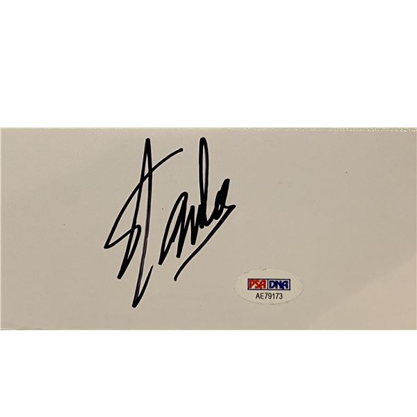 Comic legend Stan Lee original signature and cartoon photo. PSA / DNA