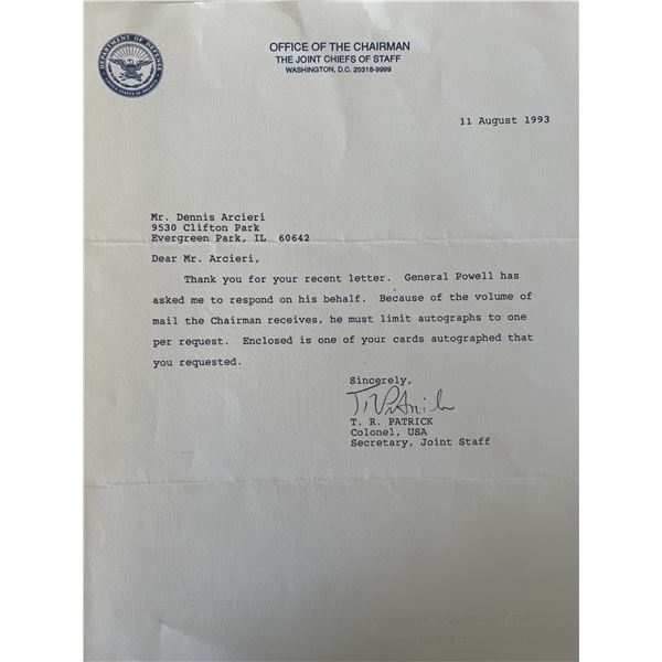 Colonel T.R Patrick signed typed letter