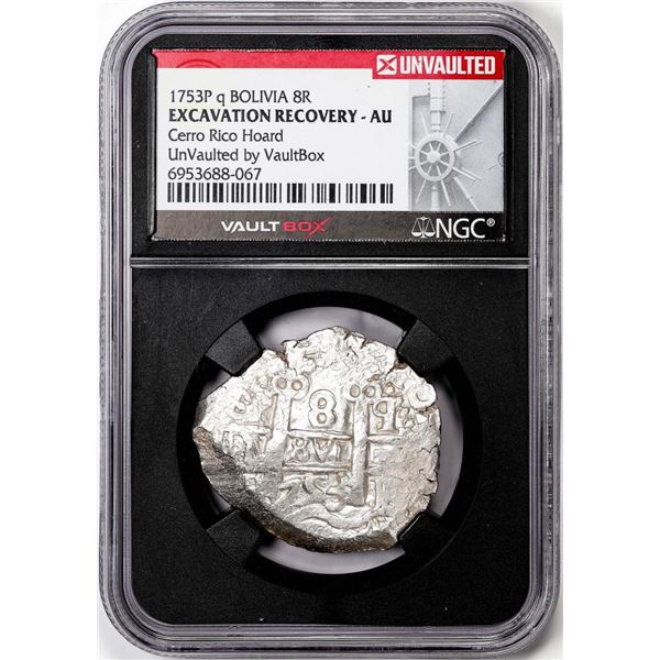 1753P q Bolivia 8 Reales Silver Coin NGC Excavation Recovery AU VaultBox Unvaulted