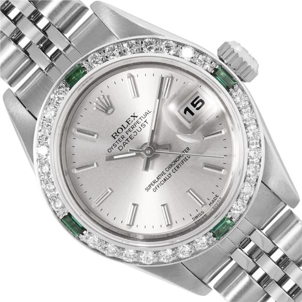 Rolex Ladies Stainless Steel Silver Index Emerald and Diamond Datejust Wristwatch With Rolex Box