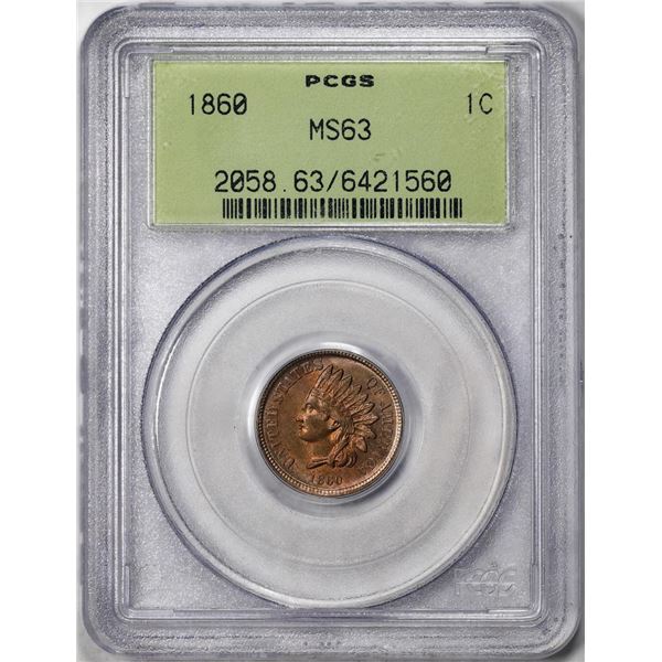 1860 Indian Cent Coin PCGS MS63 Old Green Holder