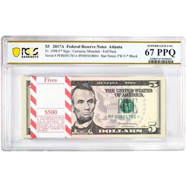 Pack 2017A $5 Federal Reserve STAR Notes Atlanta Fr.1998-F* PCGS Superb Gem UNC 67PPQ