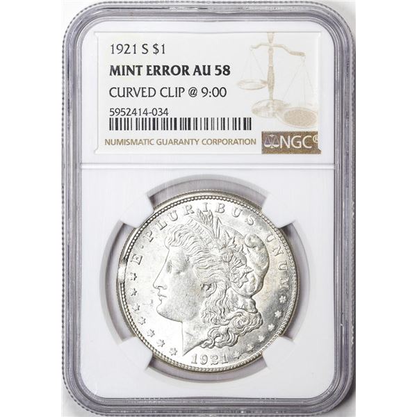 1921-S $1 Morgan Silver Dollar Coin Curved Clip @ 9:00 Error NGC Mint Error AU58