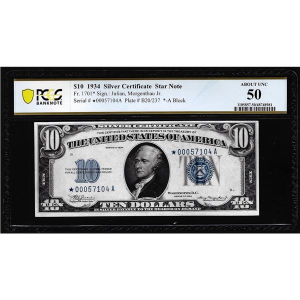 1934 $10 Silver Certificate STAR Note Fr.1701* PCGS About Uncirculated 50