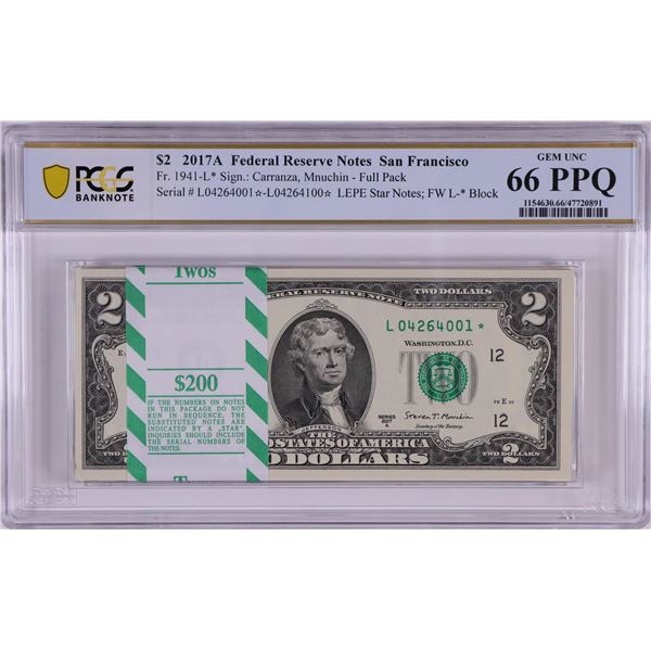 Pack 2017A $2 Federal Reserve STAR Notes San Francisco Fr.1941-L* PCGS Gem UNC 66PPQ