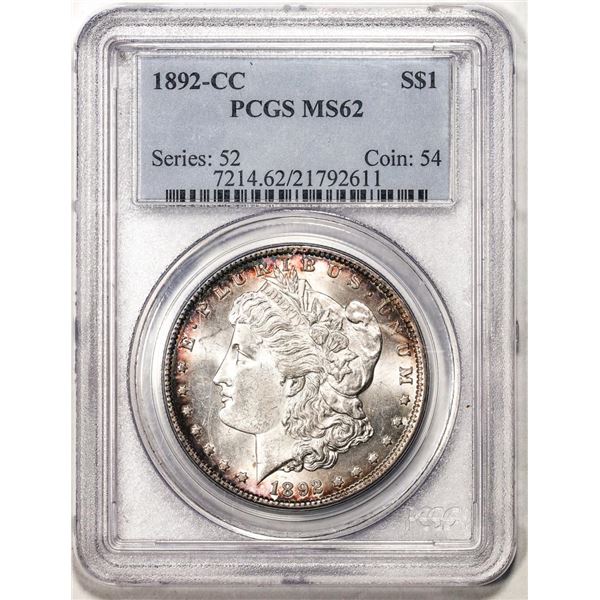 1892-CC $1 Morgan Silver Dollar Coin PCGS MS62 Nice Toning
