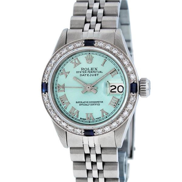 Rolex Ladies Stainless Steel Blue Roman Sapphire and Diamond Datejust Wristwatch
