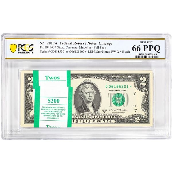 Pack of 2017A $2 Federal Reserve STAR Notes Chicago Fr.1941-G* PCGS Gem UNC 66PPQ