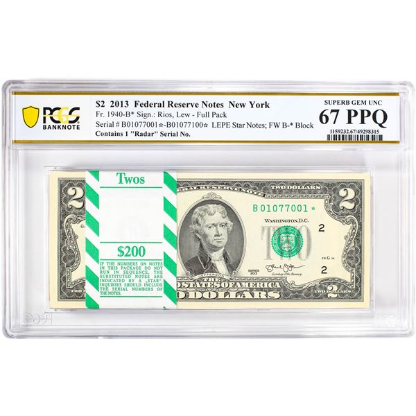 Pack of 2013 $2 Federal Reserve STAR Notes NY Fr.1940-B* PCGS Superb Gem UNC 67PPQ
