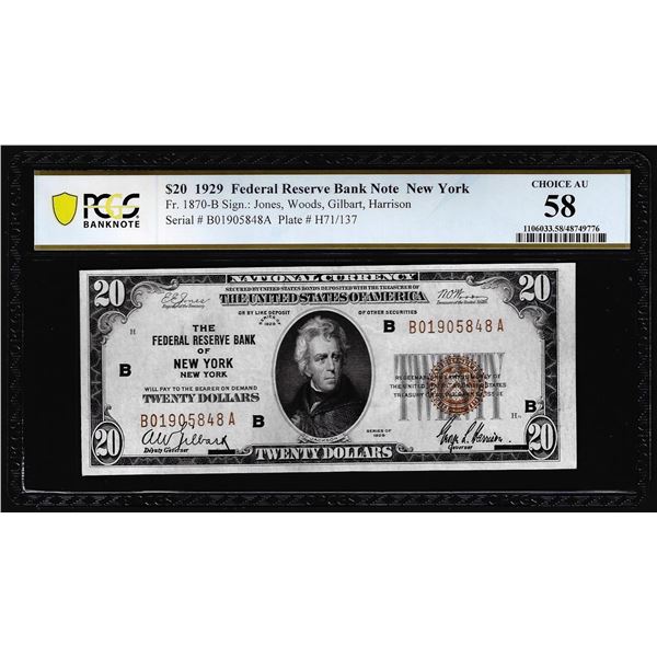 1929 $20 Federal Reserve Bank Note New York Fr.1870-B PCGS Choice AU 58