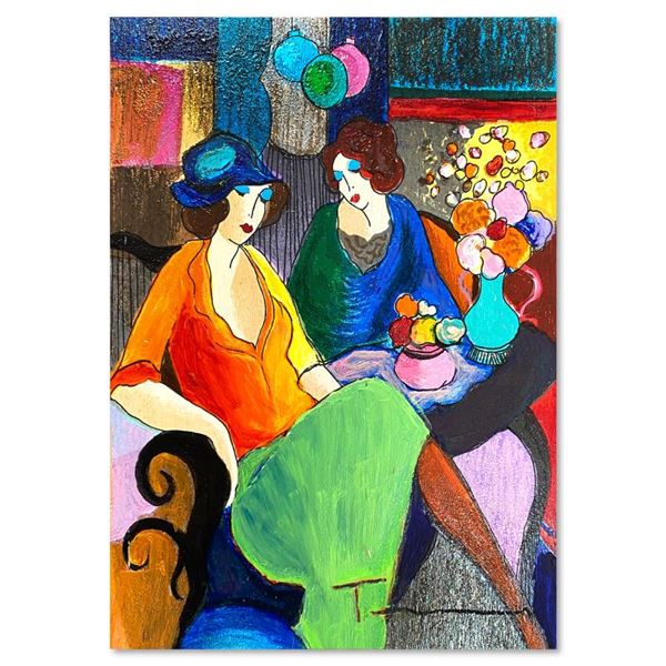 Itzchak Tarkay (1935-2012) "Chit Chat" Original Mixed Media on Board