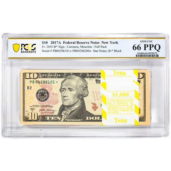 Pack of 2017A $10 Federal Reserve STAR Notes New York Fr.2045-B* PCGS Gem UNC 66PPQ
