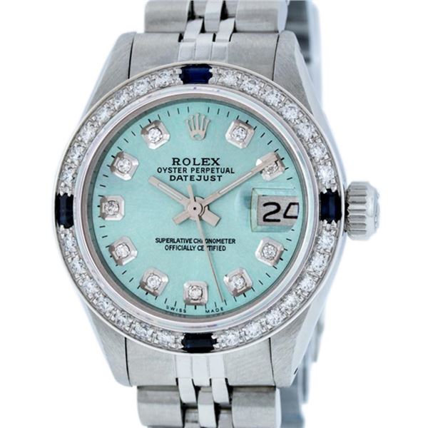 Rolex Ladies Stainless Steel Blue Sapphire and Diamond Datejust Wristwatch
