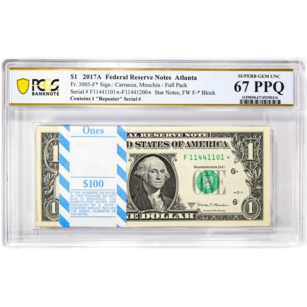 Pack of 2017A $1 Federal Reserve STAR Notes ATL Fr.3005-F* PCGS Superb Gem UNC 67PPQ