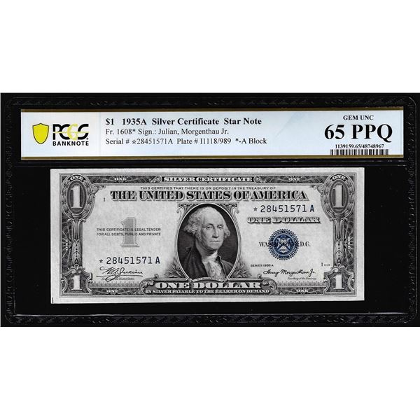 1935A $1 Silver Certificate STAR Note Fr.1608* PCGS Gem Uncirculated 65PPQ