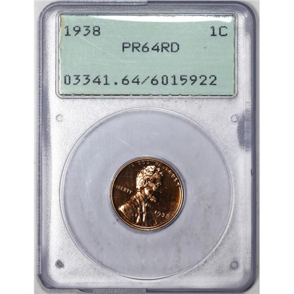 1938 Proof Lincoln Wheat Cent Coin PCGS PR64RD Green Rattler Holder