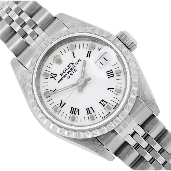 Rolex Ladies Stainless Steel White Roman Date Wristwatch With Rolex Box
