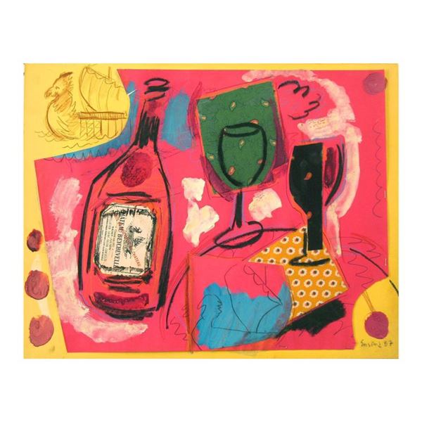 Wayne Ensrud "Beychevelle Still Life" Original Mixed Media on Board