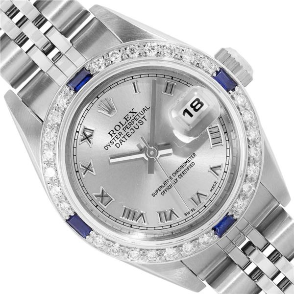 Rolex Ladies Stainless Steel Silver Roman Sapphire and Diamond Datejust With Rolex Box