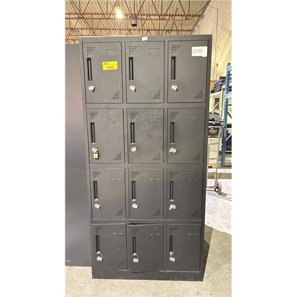 LOCKER CABINET WITH 12 LOCKERS AND CONTENTS (NO LOCK KEYS)