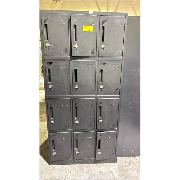LOCKER CABINET WITH 12 LOCKERS AND CONTENTS (NO LOCK KEYS)