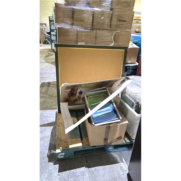 PALLET OF LARGE MIXING WHISK, MEASURING BINS, ART FRAME AND MORE