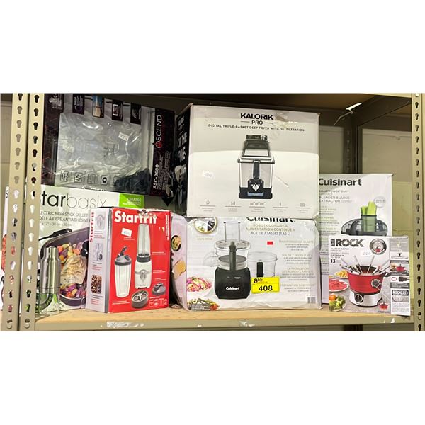 SHELF LOT OF KALORIK PRO DIGITAL TRIPLE BASKET DEEP FRYER, THE ROCK 3L ELECTRIC FONDUE SET, AND