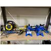 Image 1 : SHELF OF ASSORTED ITEMS INCLUDING; AXLE STANDS, TROLLEY JACK, HEAT GUN & MORE