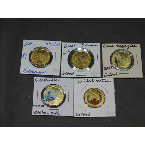 5 Assorted Canada Colored Coloured Loonie