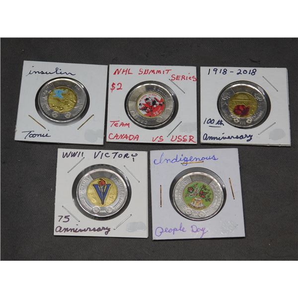 5 Assorted Canada Colored Coloured Toonie