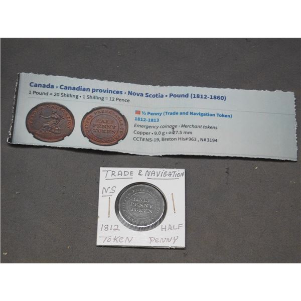 Rare 1812 Nova Scotia 1/2 Penny Trade & Navigation Token