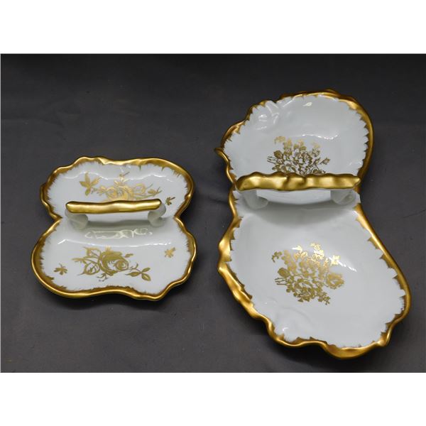 Lot of 2 Fine Porcelain Divided Serving Trays w Handles Hand Painted France