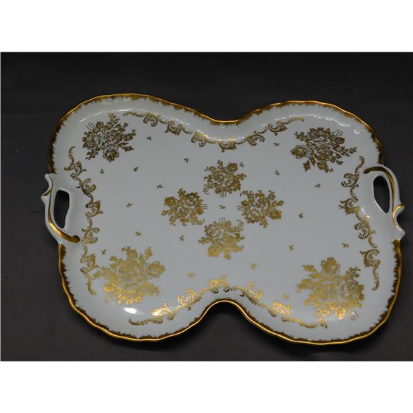 Vintage Large Porcelain Serving Tray with Handles, White w Gold Detailing Unmarked.