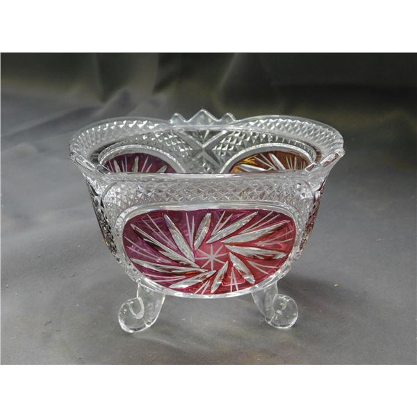Vintage Crystal Footed Bowl with Ruby Glass Detail, Pinwheels