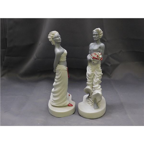 Pair of Hand Painted Devonware Chalkware Sculptures Man and Woman with Flowers