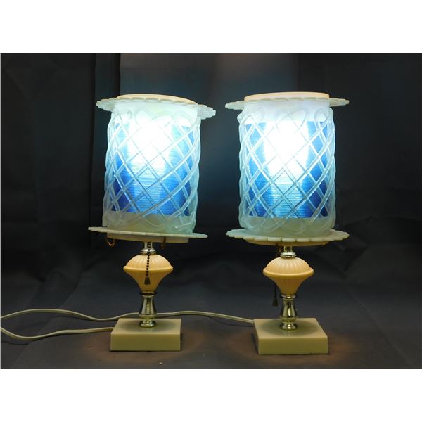 Pair of Vintage MCM White and Blue Spun Plastic Lucite Lamps *working