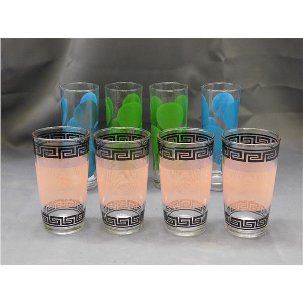 Lot of 8 Vintage MCM Glass Sets Aztec Pink Stripe and Blue / Green Polka Dots