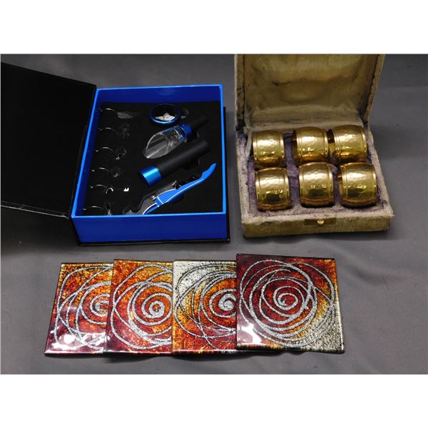 Service Ware Wine Cork, Stopper, Charms Set, India Brass Napkin Rings, Art Glass Coasters
