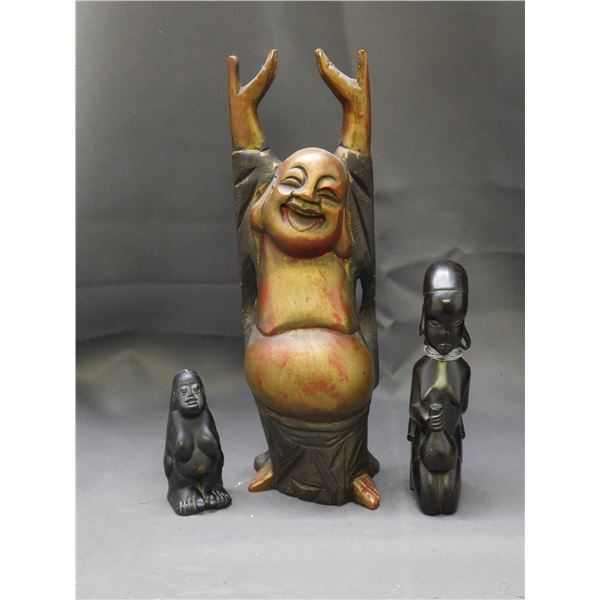 Lot of 3 Wooden & Lava Rock Tribal Figures African, Buddha
